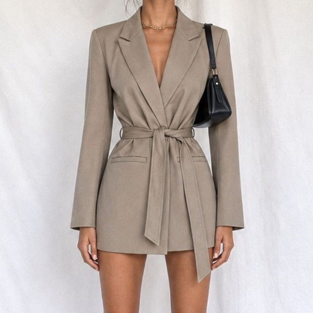 Vintage Brown Shoulder Padded Waist Tie Long Oversized Blazer Jacket Size S/M